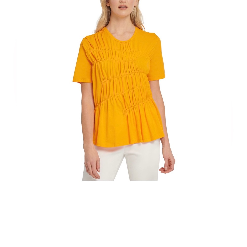 DKNY- Womens Orange Ruched Short Sleeve Crew Neck Top